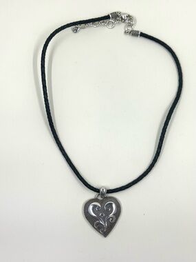 Brighton SHEBA Silver Scrolled Heart Pendant Black Braid Leather Necklace